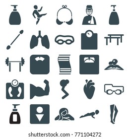 Set of 25 body filled icons such as soap, woman in spa, cotton buds, male wc, tights, floor scales, muscle arm, horizontal bar, man doing exercises, barbell, swimming glasses