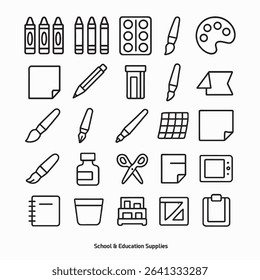 Set of 25 bold line art icons featuring drawing and writing tools: crayons, brushes, palette, ink, notebook, scissors, grid paper, and pen. Clean flat vector for creative and educational design needs