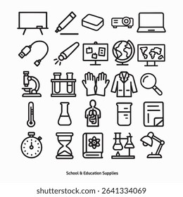Set of 25 bold line icons showing classroom and lab tools: microscope, laptop, projector, globe, test tubes, lab coat, thermometer, beaker, timer, map. Perfect for science and education projects.