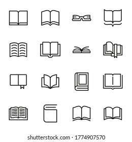 Conjunto de 25 iconos de línea delgada de libros. Pictogramas de alta calidad de lectura. Colección moderna de iconos de estilo de contorno. Diario, biblioteca, páginas, libro de texto, etc.