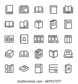 Set of 25 book thin line icons. High quality pictograms of read. Modern outline style icons collection. Diary, library, pages, textbook, etc.