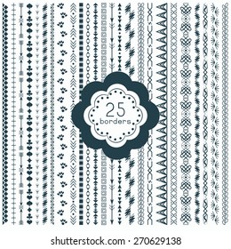Set of 25 borders, isolated design elements for making custom frame, border, divider or page decoration. Vector file is EPS8.