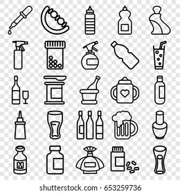 Set of 25 bottle outline icons such as baby toy, pipette, nail polish