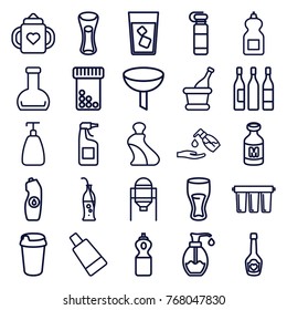 Set of 25 bottle outline icons such as tank, baby bottle, soap, cream tube, cleanser, liquid soap, filter, drink, milk glass, milk, wine glass