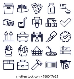 Set of 25 box outline icons such as parcel, toolbox, hummer, cutter, box, french fries, chinese fast food, case, tick, medical bottle, bandage, cereal, cargo arrow up
