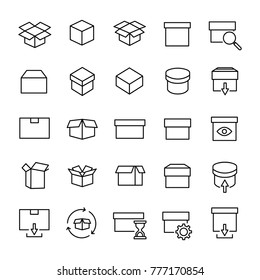 Set of 25 box thin line icons. High quality pictograms of package. Modern outline style icons collection. Container, delivery, cargo, shipping, etc.