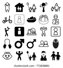 Set of 25 boy filled and outline icons such as baby mitten, couple, father and son, man symbol, family house, father with baby, male, bodybuilder, woman wc, casino boy