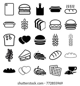 Set of 25 bread filled and outline icons such as burger, bread slices, coffee and croissant, sandwich and apple, hot dog, chopping board, wheat, bread
