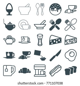 Set of 25 breakfast filled and outline icons such as teapot, donut, coffee and croissant, croissant, fork and spoon, cereal, tea, egg, bread, knife, cheese, bowl, tea cup