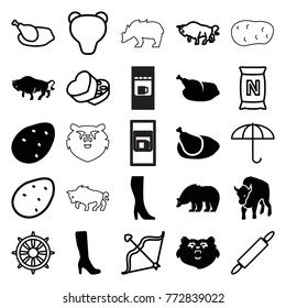Set of 25 brown filled and outline icons such as potato, bear, buffalo, woman boot, chicken, umbrella, bag with ground, helm, sweet box, bow, dough pin