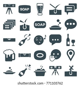 Set of 25 bubble filled icons such as level ruler, no hair in skin, shave hair in skin, soap, soap, chat, emoji listening music, bye emot, beer mug, location, message