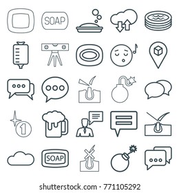Set of 25 bubble outline icons such as shave hair in skin, explosion, chat, soap, soap, emoji listening music, beer mug, drop counter, location, message, man with chat bubblle