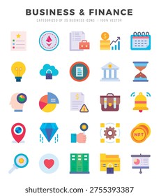Set of 25 Business and Finance Flat Icons Pack.