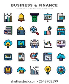 Conjunto de 25 Business e Finanças Lineal Color Icons Pack.