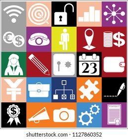 Set of 25 business high quality icons or symbols. Collection. Flat design. Vector Illustration.