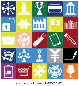 Set of 25 business high quality icons or symbols. Collection. Flat design. Vector Illustration.
