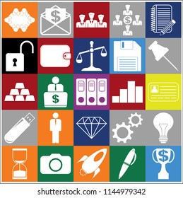 Set of 25 business icons, symbols or pictograms. Collection. Flat design. Vector Illustration.