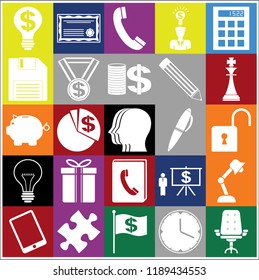 Set of 25 business icons or symbols. Collection. Flat design. Vector Illustration.