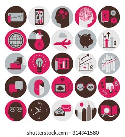 Set of 25 business and strategy flat icons including abstract symbols of team work, success, planning and investments.
