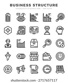 Conjunto de 25 iconos lineales de estructura de negocios.