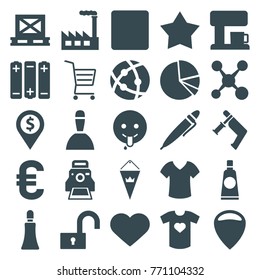 Set of 25 button filled icons such as cream tube, nail gun, emoji showing tongue, location, dollar location, share, cargo on palette, factory, atom, heart, stop, star, lock