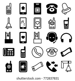 Set of 25 call filled and outline icons such as desk phone, wavy phone, heart mobile, headset, door bell, walkie talkie, bell, bell, call