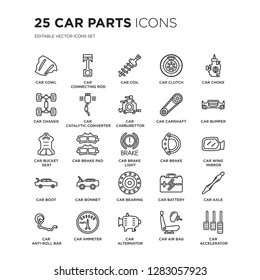 Set of 25 Car parts linear icons such as car cowl, connecting rod, coil, clutch, choke, bumper, vector illustration of trendy icon pack. Line icons with thin line stroke.