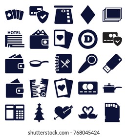 Set of 25 card filled icons such as photos, wallet, credit card, spades, letter, heart with arrow, atm, swan heart, christmas tree, usb drive, menu, pan, door knob, hotel