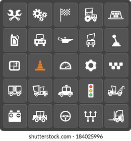 Set of 25 cars vector web and mobile icons. Symbols of gear, gearbox, traffic light, steering wheel, cars, battery, handle.