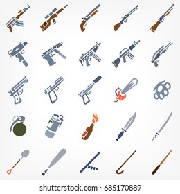 Set of 25 cartoon icons of colored weapons for games and for web design ; Gun icons isolated on white background