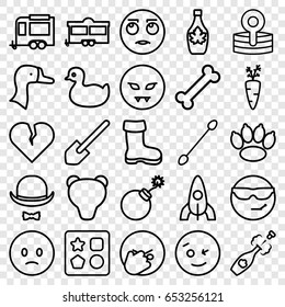 Set of 25 cartoon outline icons such as goose, boot, duck, rocket