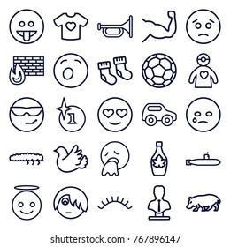 Set Of 25 Cartoon Outline Icons Such As Hippopotamus, Baby Socks, Toy Car, Eyelashes, Explosion, Bust, Trumpet, Sad Emot, Crying Emot, Emoji Angel, Maple Syrup, Caterpillar