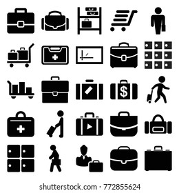 Set of 25 case filled icons such as man with luggage, luggage, money case, sport bag, medical kit, first aid kit