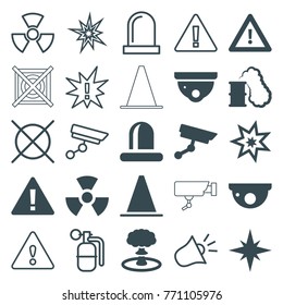 Set of 25 caution filled and outline icons such as security camera, warning, siren, explosion, radiation, smoking can, no dry cleaning, exclamation, explode, dynamite, cone