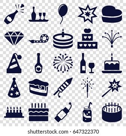 Set of 25 celebrate filled icons such as cake with one candle, cake, soda