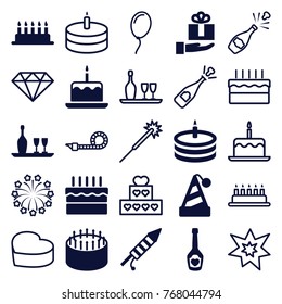 Set of 25 celebrate filled and outline icons such as cake with one candle, cake, party hat, champagne bottle with heart, gift on hand, fireworks, wine bottle and glass