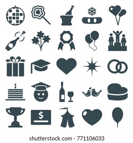 Set of 25 celebration filled icons such as graduate emoji, snowflake, disco ball, heart shaped air balloon, bouquet, lollipop, dollar card, graduation hat, lovebirds