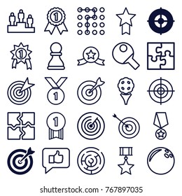 Set of 25 challenge outline icons such as target, puzzle, bowling ball, golf, labyrinth, thumb up, ranking, chess pawn, table tennis, number 1 medal