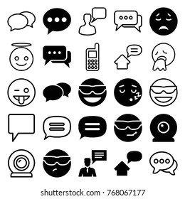 Set of 25 chat filled and outline icons such as chat, emot in sun glasses, crying emot, man with chat bubblle, web camera, home message, phone, chatting man