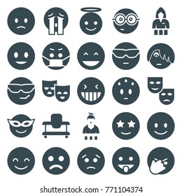 Set of 25 cheerful filled icons such as baby walker, casino girl, sad smiley, smiling emot, laughing emot, emoji in mask, emoji angel