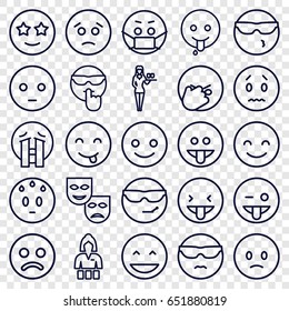 set of 25 cheerful outline icons such as casino girl, smiling emot, laughing emot, emoji showing tongue, happe emoji with star eyes, sad smiley