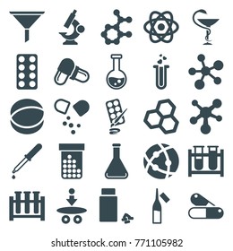 Set of 25 chemistry filled icons such as chemical structure, test tube, pipette, pill, ampoule, medicine, atom, heart test tube, paints, filter, microscope