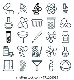 Set of 25 chemistry outline icons such as paints, filter, microscope, pill, medicine, atom, test tube, medical ampoule, pipette