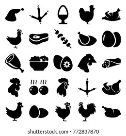 Set of 25 chicken filled icons such as chicken, egg, footprint of  icobird, rooster, wrap sandwich, meat leg, kebab, easter egg, food