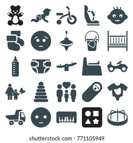 Set of 25 child filled icons such as baby, baby bottle, pyramid, bike, piano toy, swing, child playground carousel, sad emot, mother and son, family, teddy bear, diaper