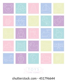 Set of 25 childrens toys icons, thin line design in pastel colored squares