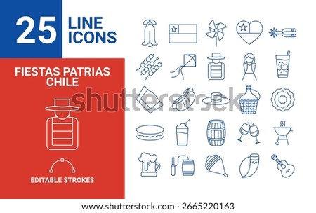 Set of 25 Chilean Independence Day Line Icons with Traditional Foods and Cultural Symbols in Vector Format