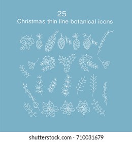 Set of 25 Christmas botanical symbols. Thin line vector icons. Xmas outline illustrations. 
