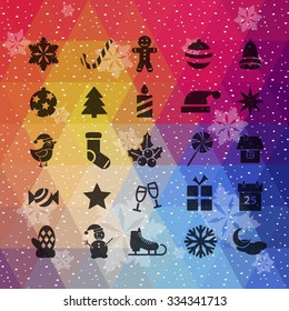 set of 25 christmas flat icons on abstract background