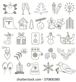 set of 25 Christmas icons with black stroke on a white background